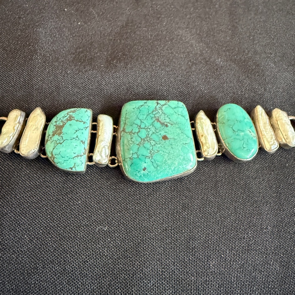 Vintage Turquoise And Freshwater Pearl Bracelet In Sterling Silver Large